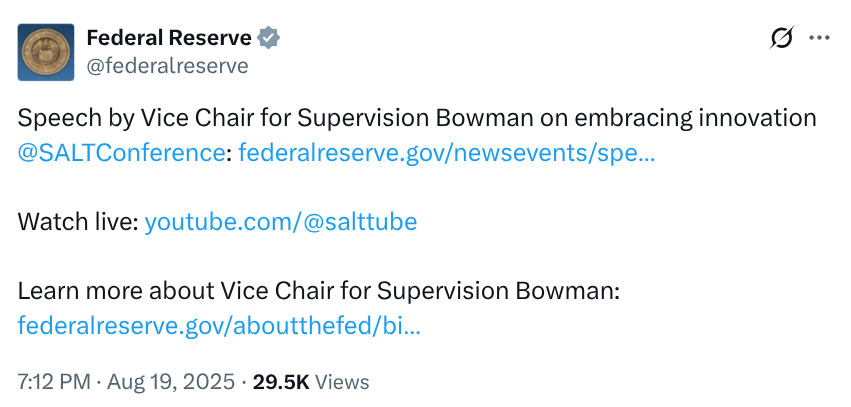 Federal Reserve X post sharing Bowmans speech at the Wyoming Blockchain Symposium